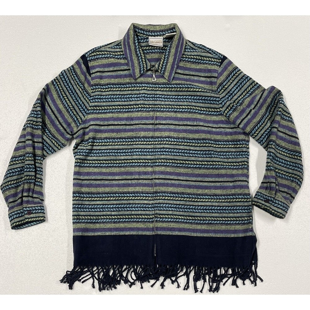Napa Valley Green Purple Blue Striped Jacket with Fringe Women L Vintage Boho